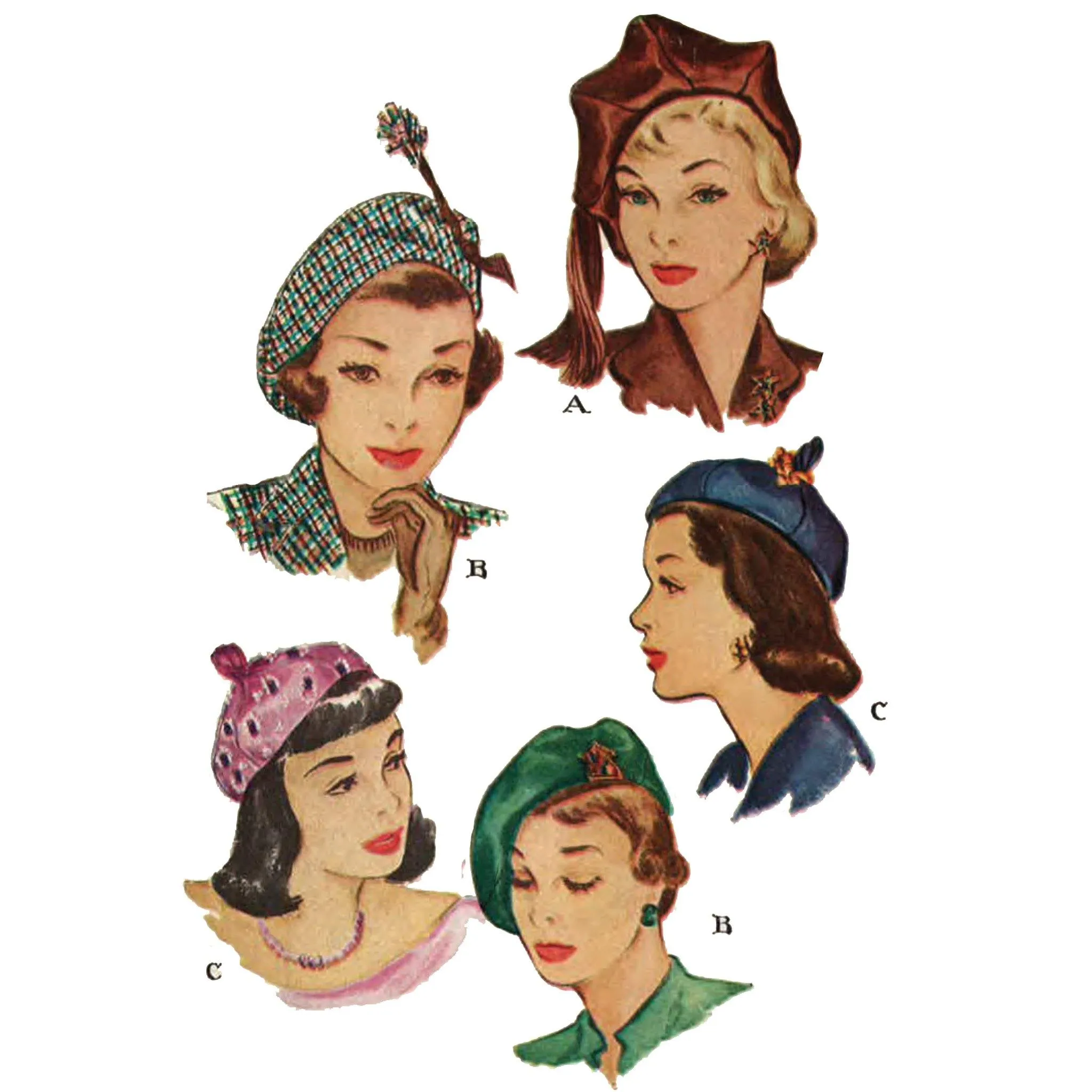 1940s Pattern,Ladies' Elegant Berets, Hats, Millinery 'Easy to Sew' - Head 23" (58.4cm)