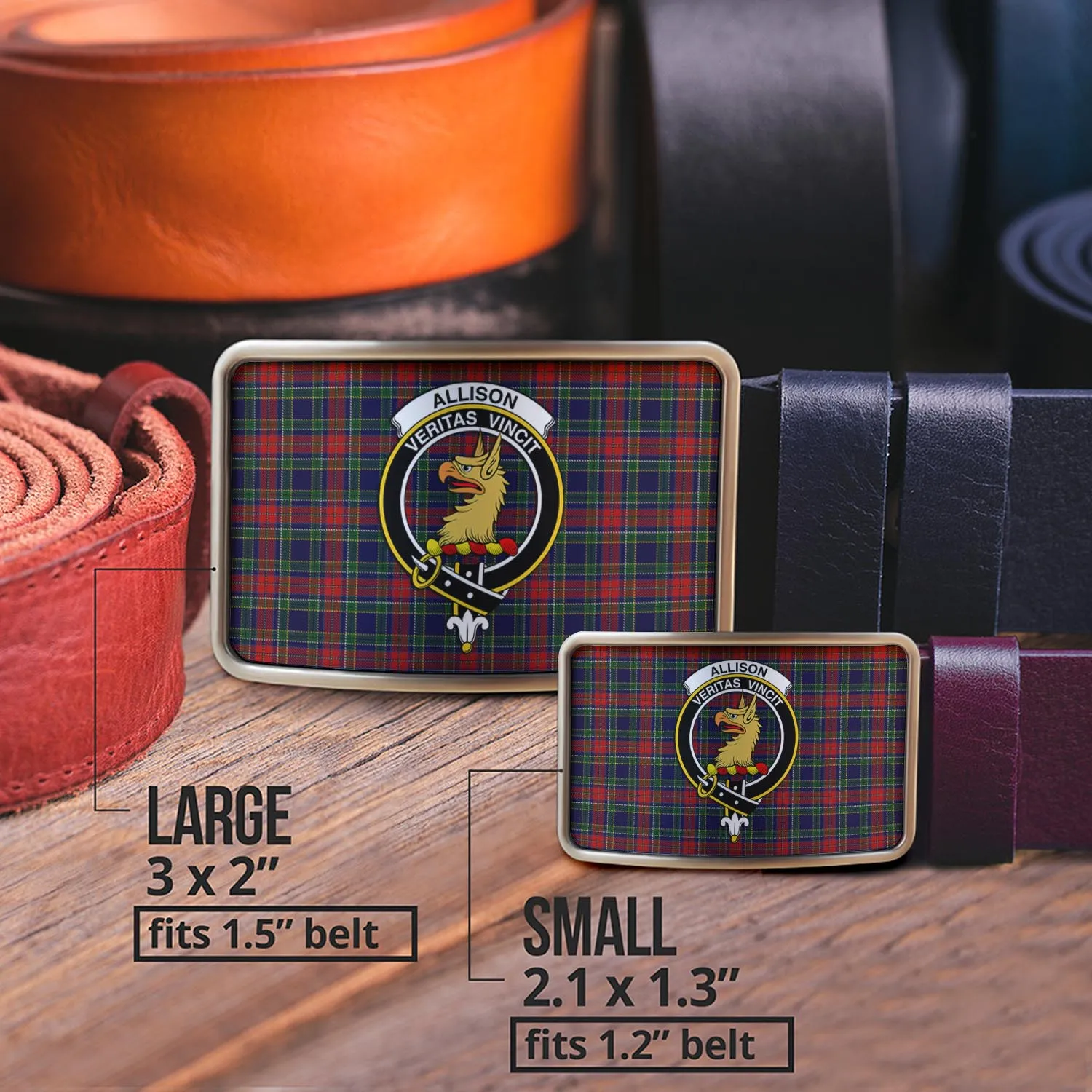 Allison Red Tartan Belt Buckles with Family Crest