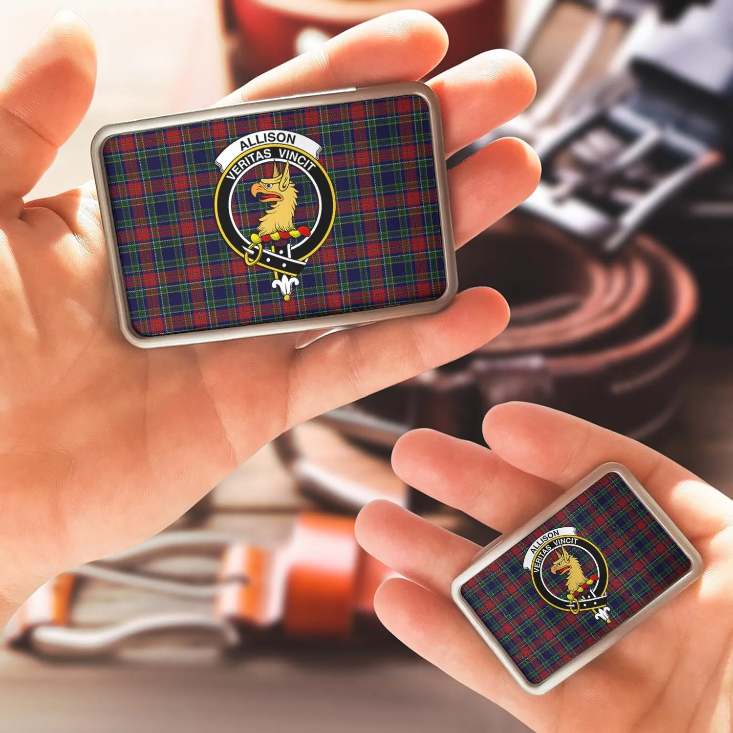 Allison Red Tartan Belt Buckles with Family Crest