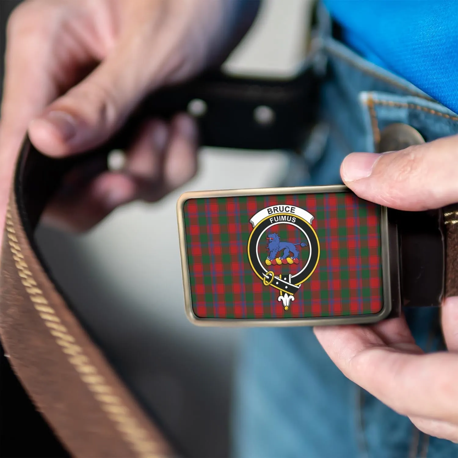 Bruce Old Tartan Belt Buckles with Family Crest