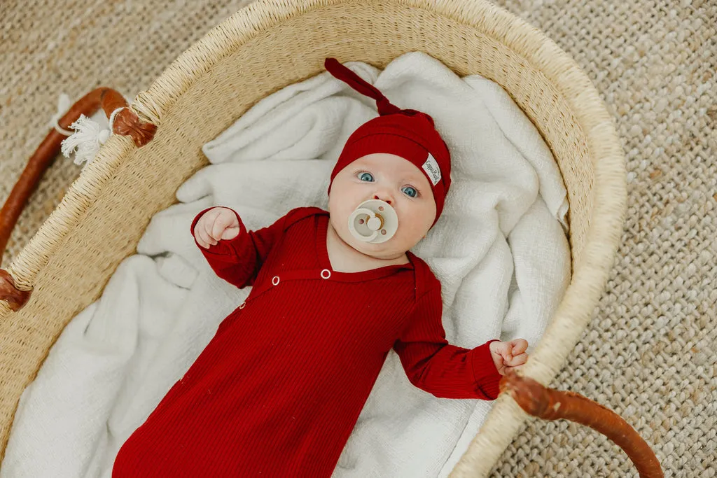 Copper Pearl Rib Knit Top Knot Hat | Cranberry