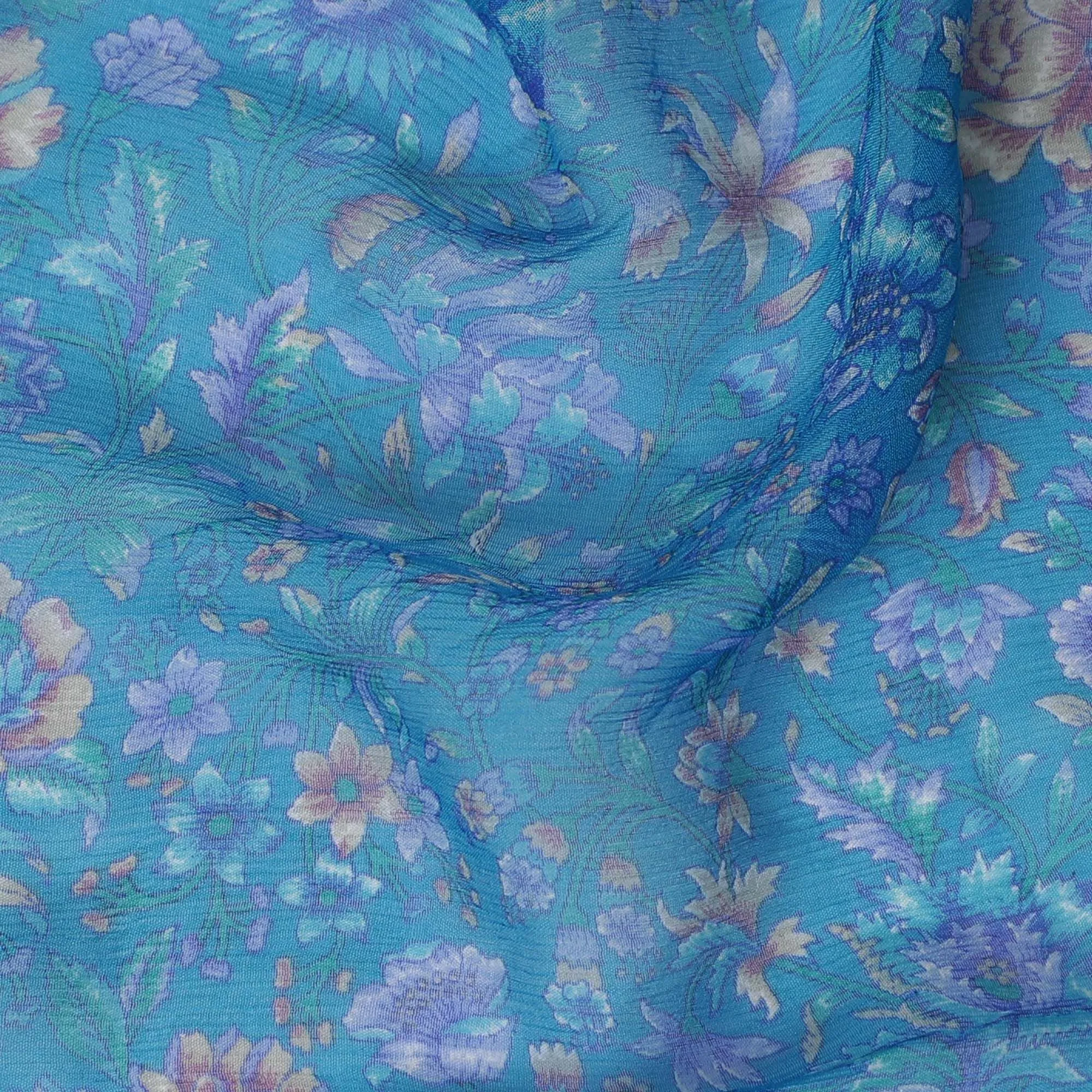 Cornflower Serenade Pure Wrinkle Silk Chiffon Fabric - Delicate Print, 110cm Width - Purchase Online by the Meter-D18047