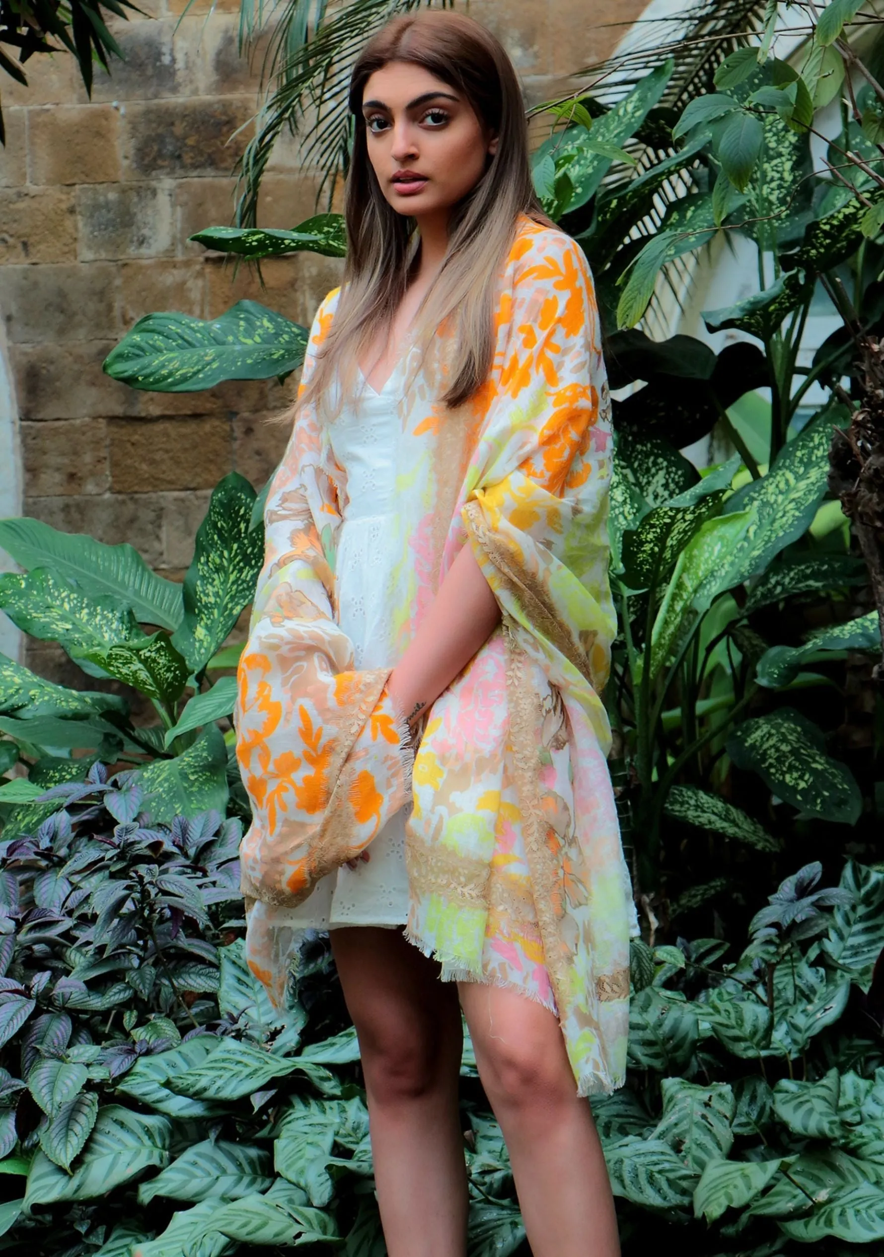 Dual Color Gold and Sand Floral Print Linen Scarf with a Sand Lace Cut-out Inner Border