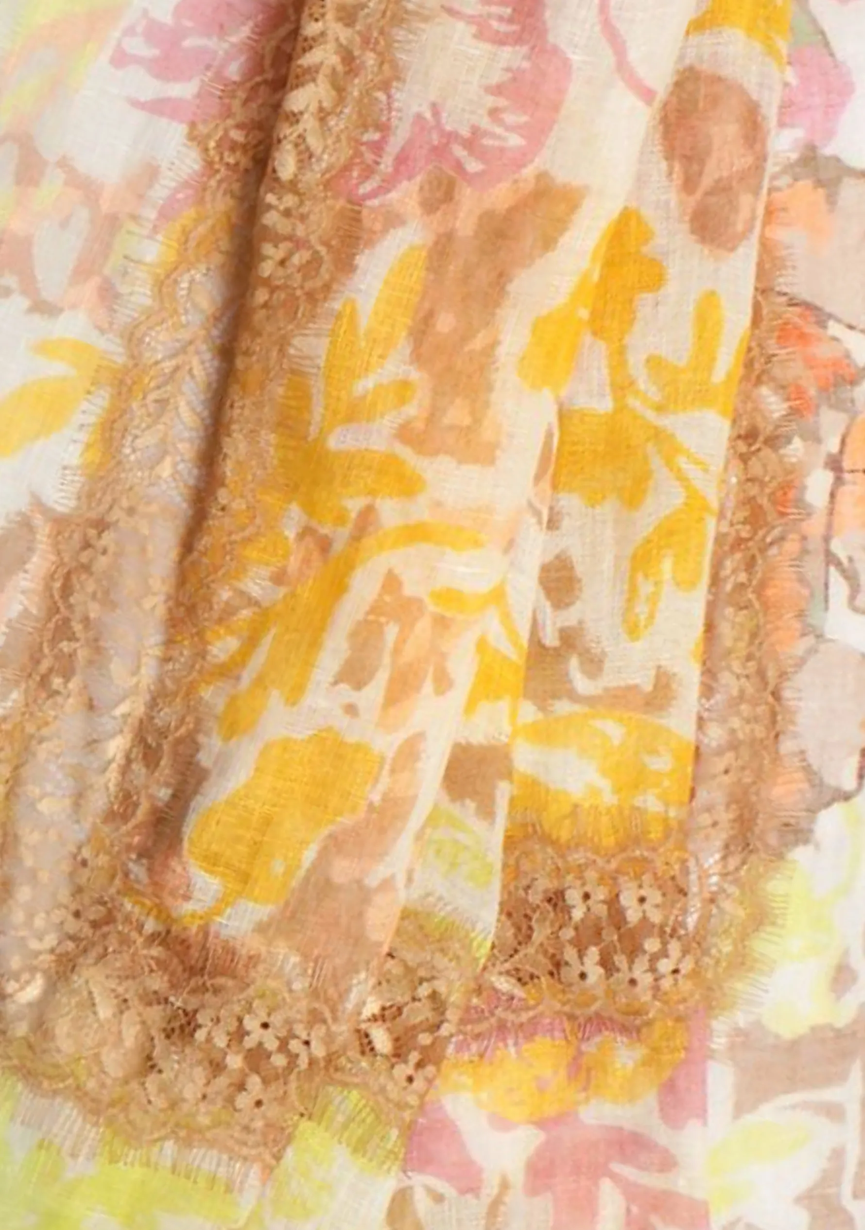 Dual Color Gold and Sand Floral Print Linen Scarf with a Sand Lace Cut-out Inner Border