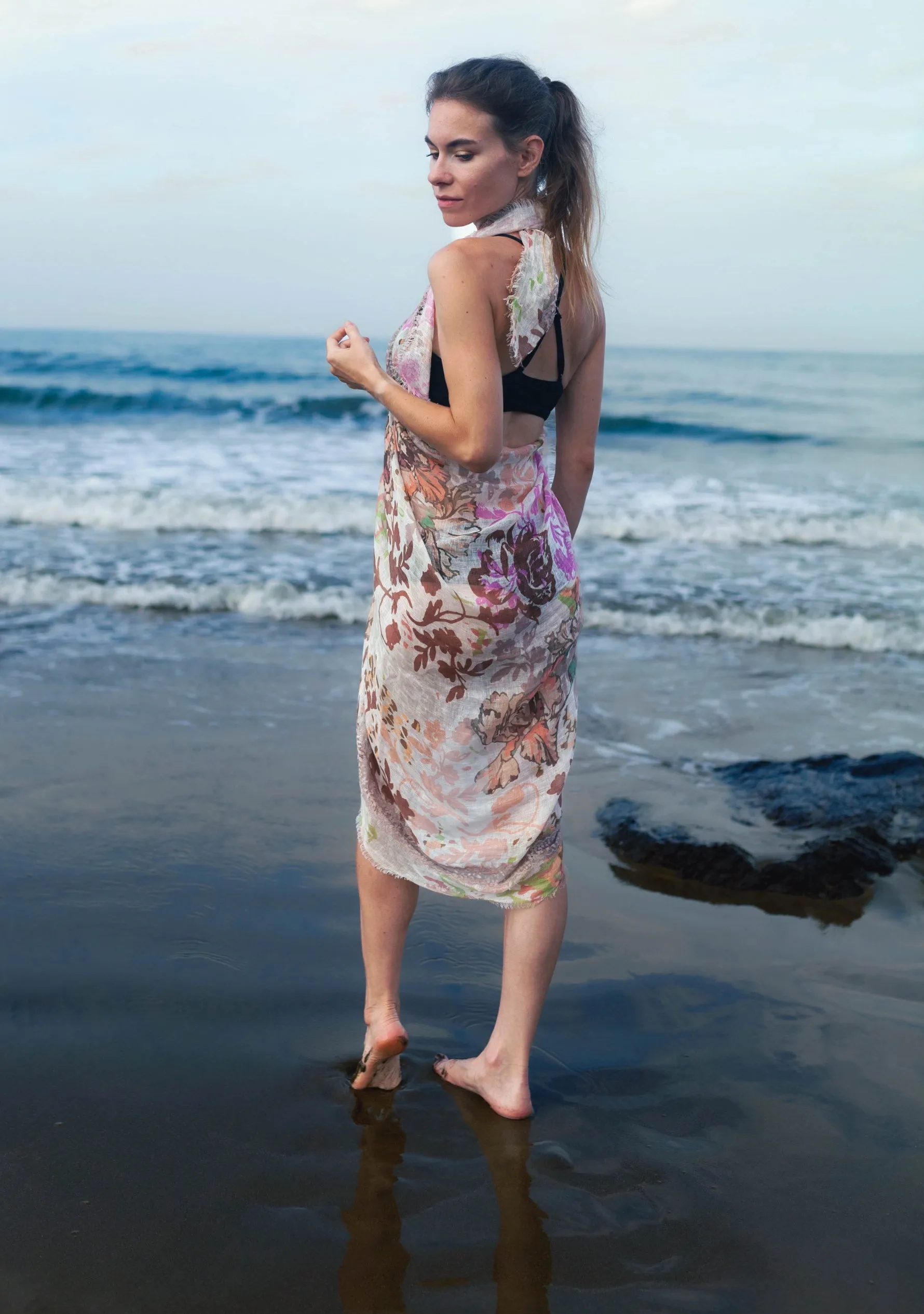 Dual Color Pink and Lt. Copper Floral Print Linen Scarf with a Lt. Copper Lace Cut-out Inner Border