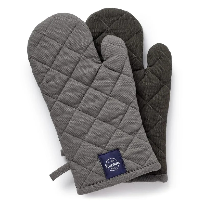 Encasa Heat Resistant Cotton Oven Gloves Mitts (2 Pc Set) - Quilted & Safe 18x30 cm - for Kitchen, Cooking & Baking, Grilling, Handling Hot Pots & Pans - Grey Charcoal Grey