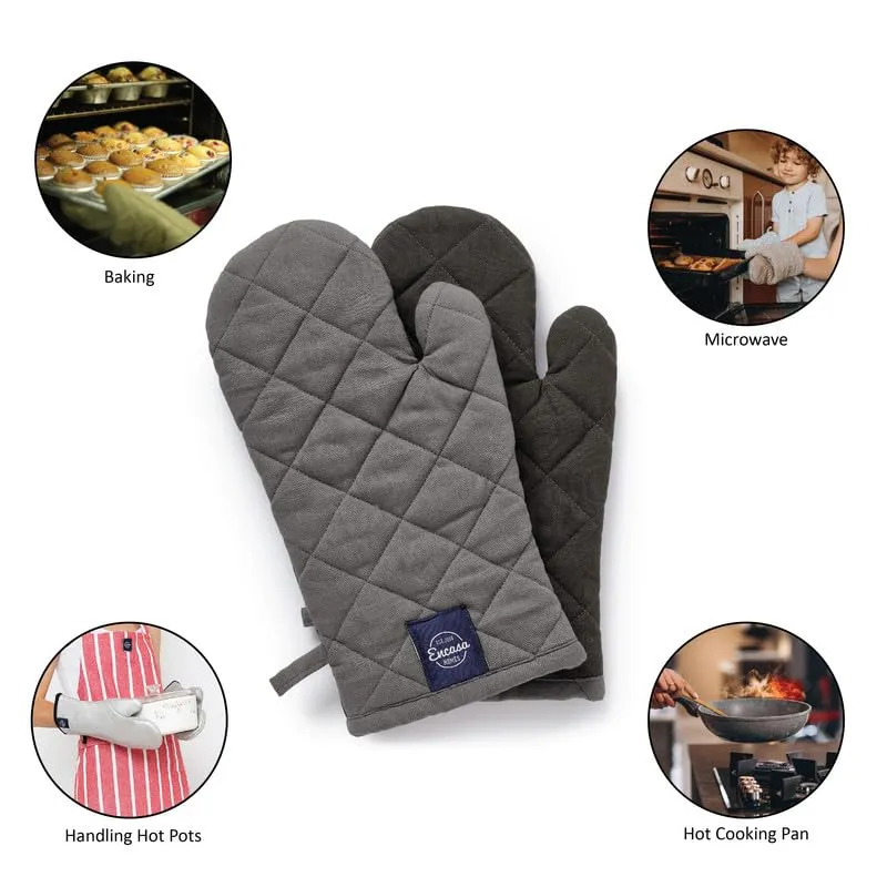 Encasa Heat Resistant Cotton Oven Gloves Mitts (2 Pc Set) - Quilted & Safe 18x30 cm - for Kitchen, Cooking & Baking, Grilling, Handling Hot Pots & Pans - Grey Charcoal Grey