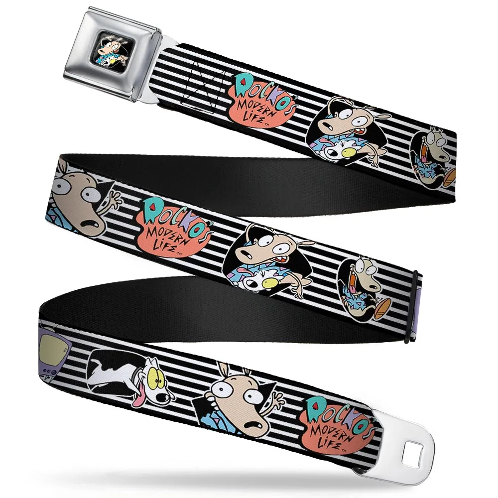 Rocko & Spunky Pose Full Color Black Seatbelt Belt - ROCKO'S MODERN LIFE Rocko & Spunky Poses/TV Stripe Black/White Webbing