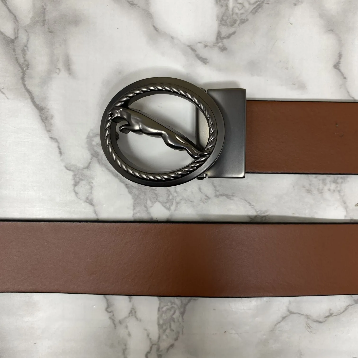 Round Jaguar Metal Buckle With Leather Strap Belt-JonasParamount