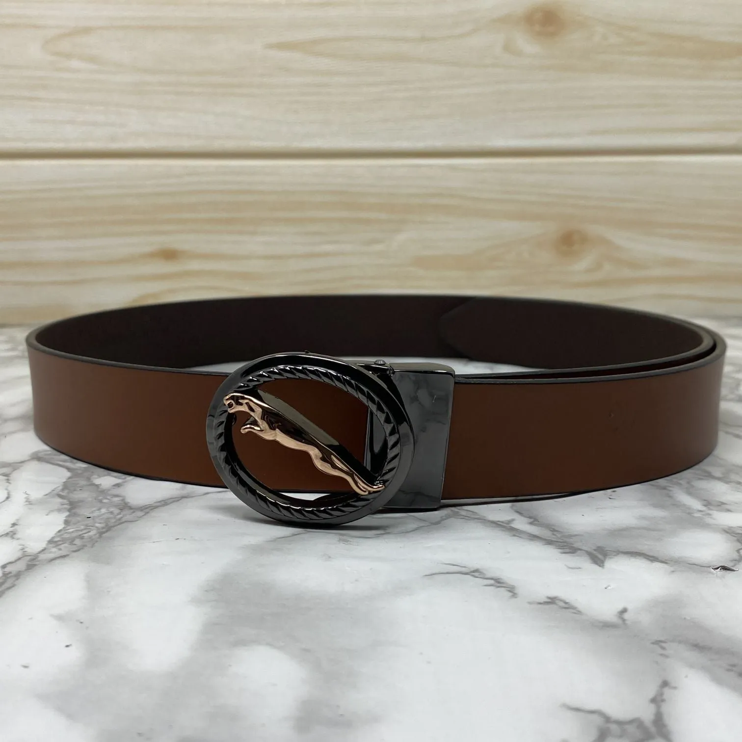 Round Jaguar Metal Buckle With Leather Strap Belt-JonasParamount