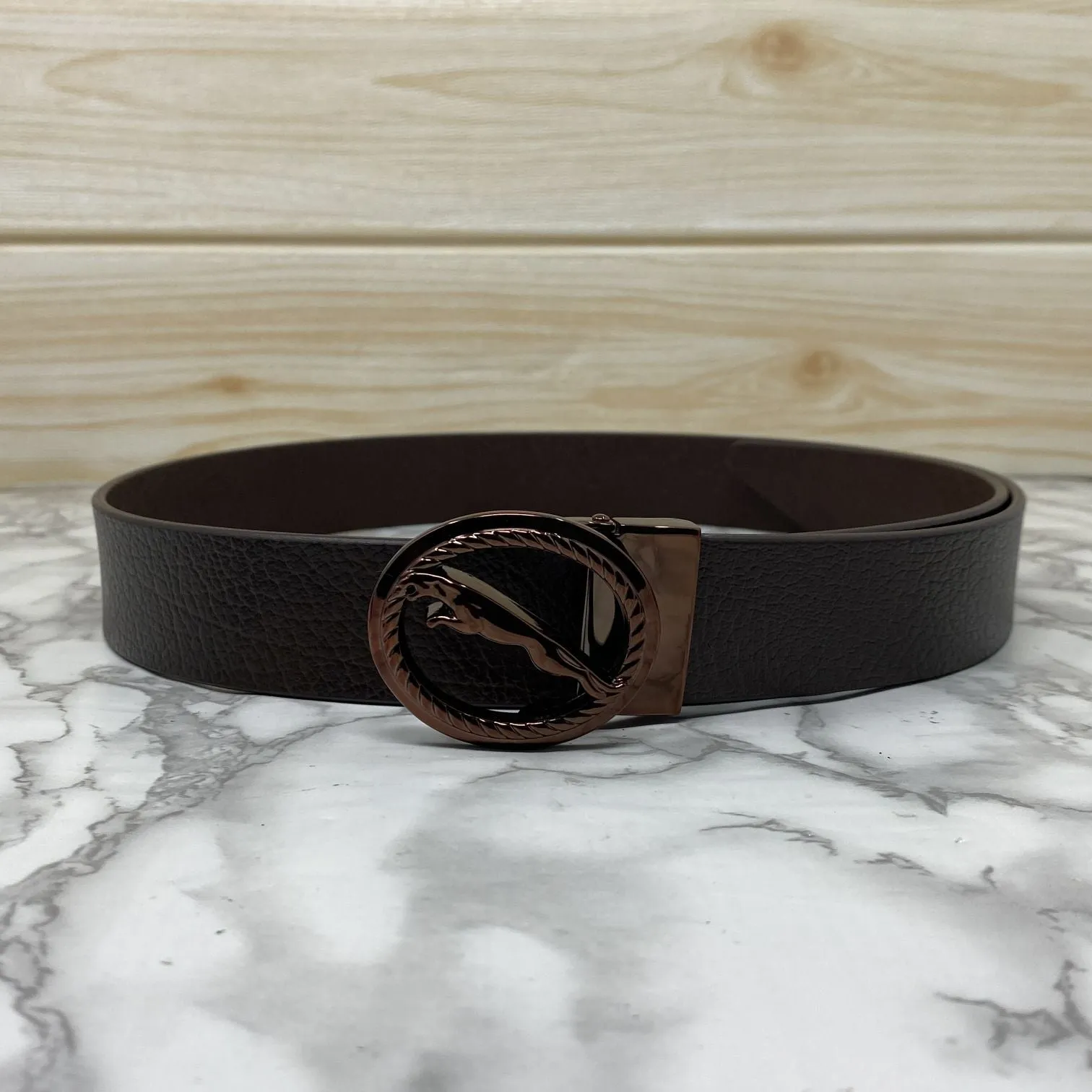 Round Jaguar Metal Buckle With Leather Strap Belt-JonasParamount