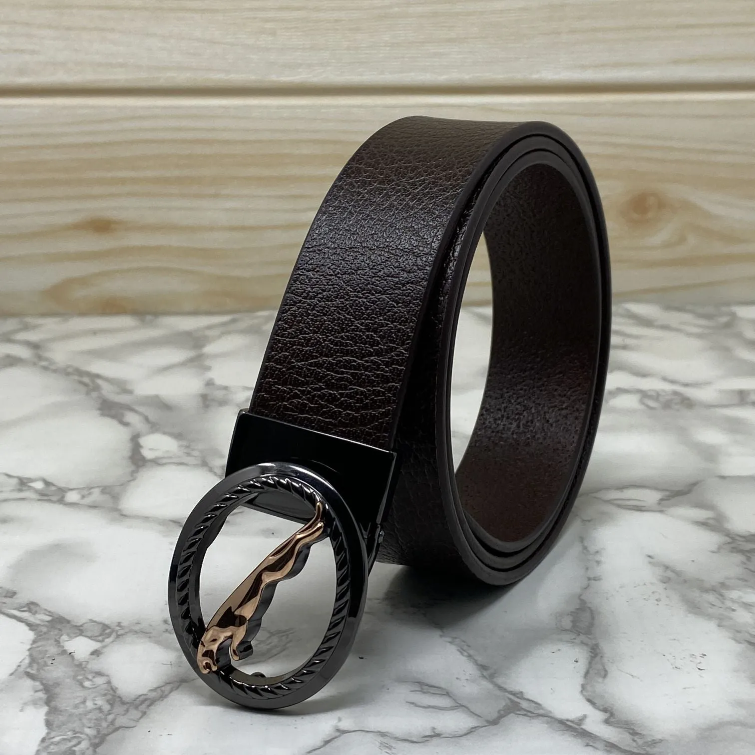 Round Jaguar Metal Buckle With Leather Strap Belt-JonasParamount