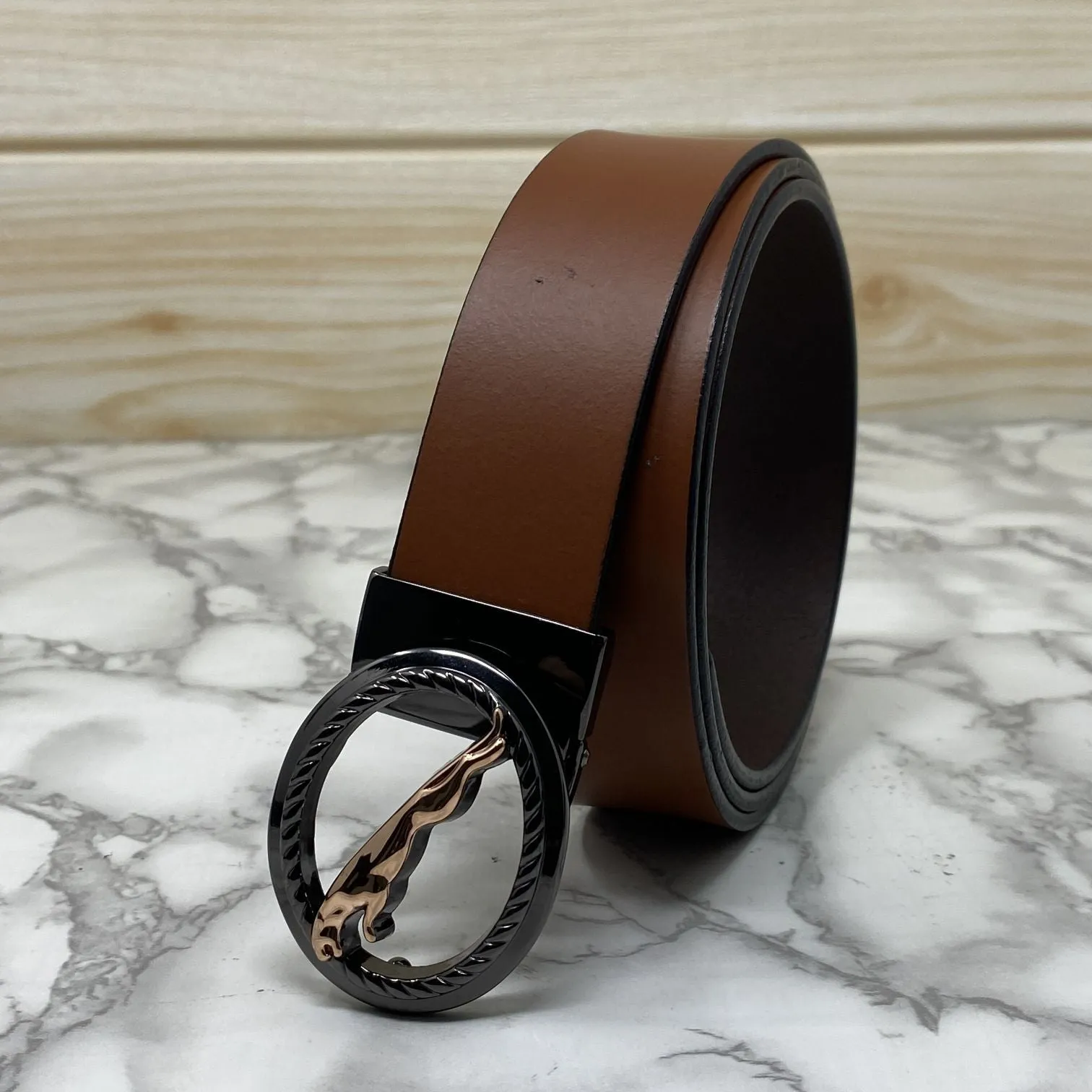 Round Jaguar Metal Buckle With Leather Strap Belt-JonasParamount