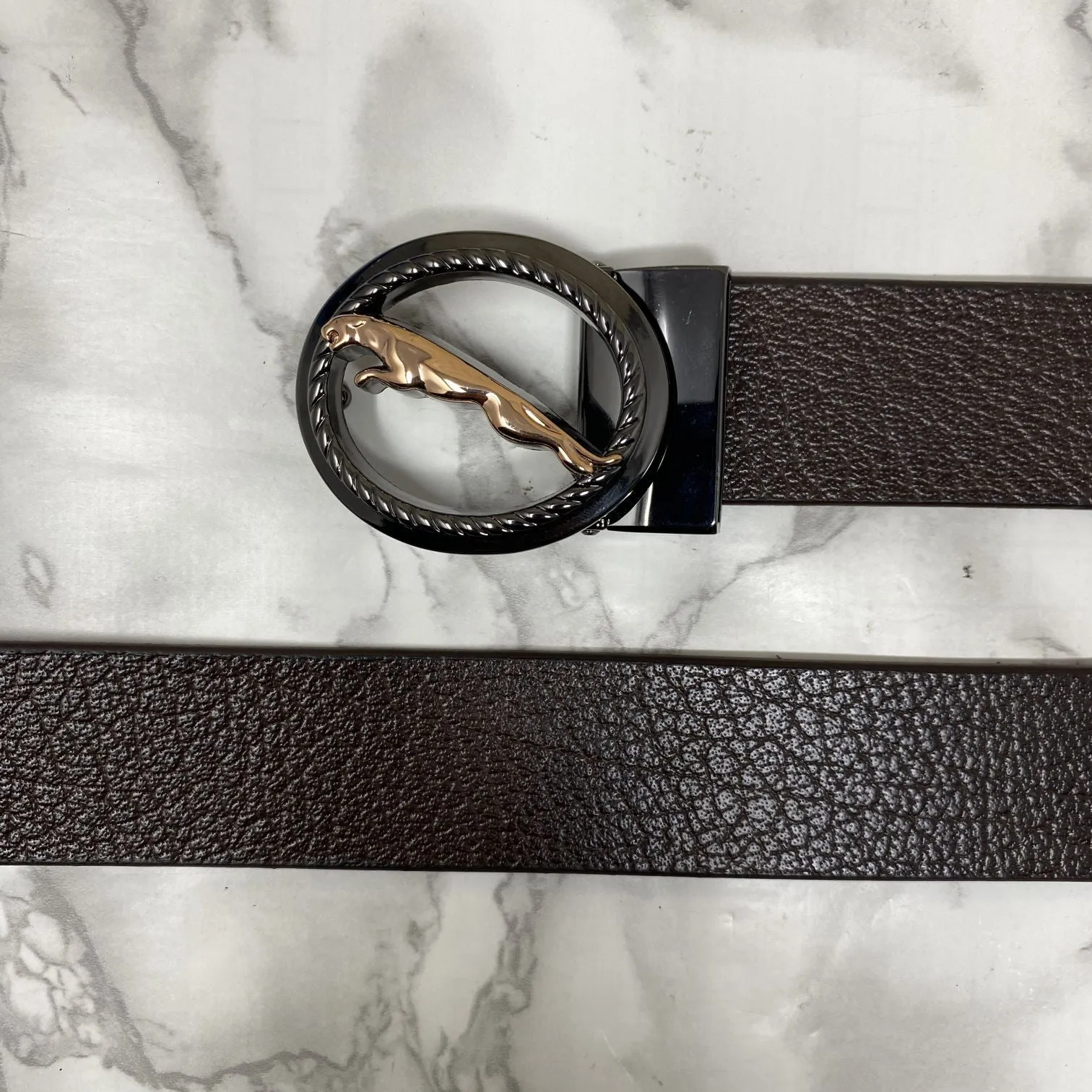 Round Jaguar Metal Buckle With Leather Strap Belt-JonasParamount