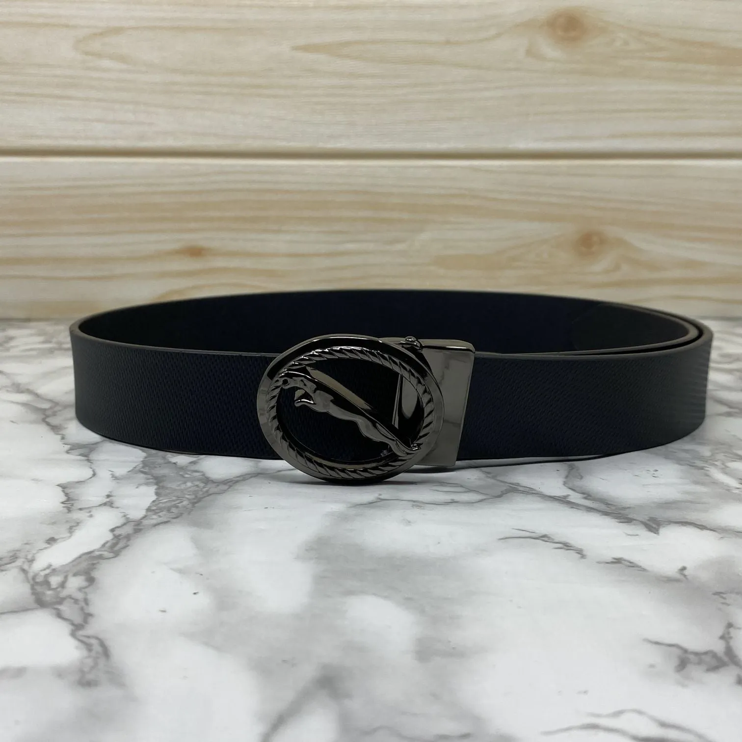 Round Jaguar Metal Buckle With Leather Strap Belt-JonasParamount