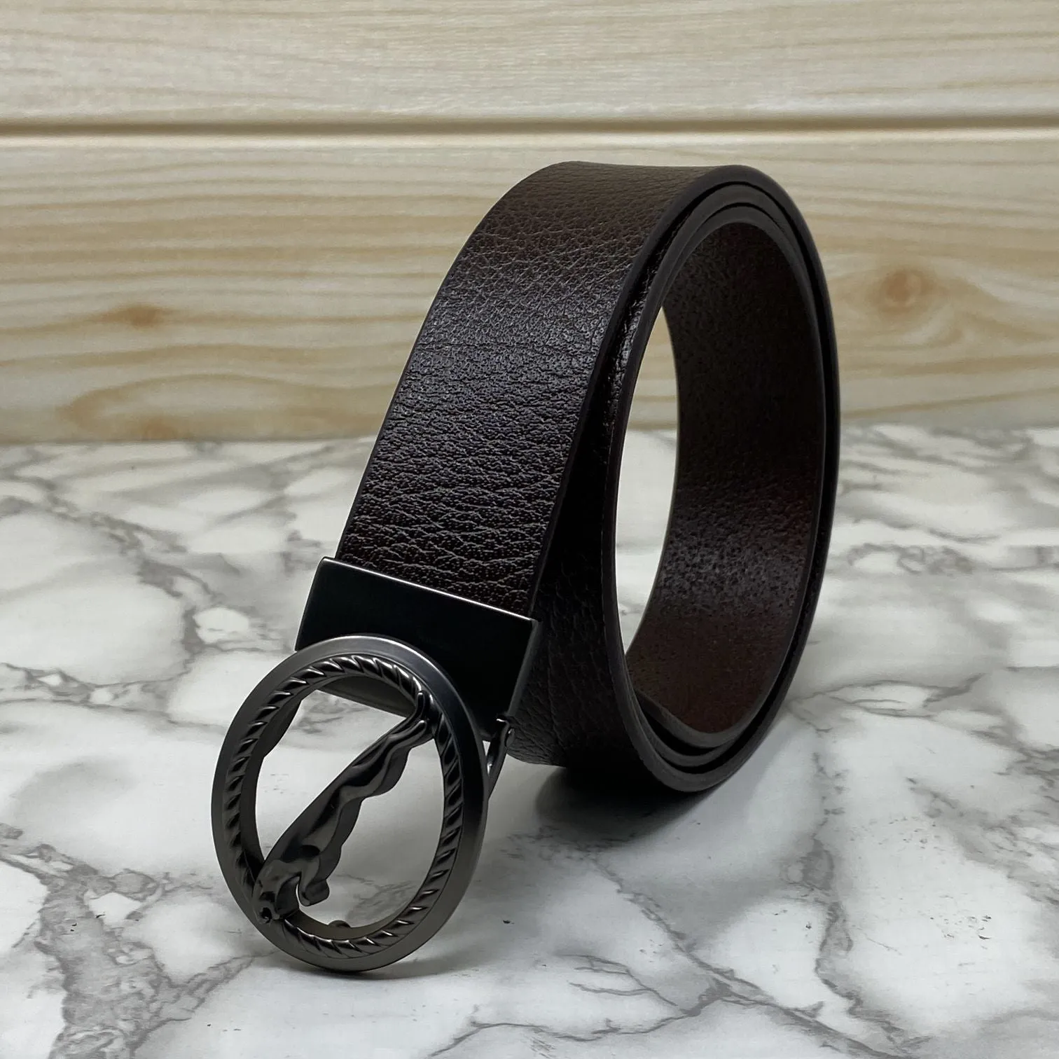 Round Jaguar Metal Buckle With Leather Strap Belt-JonasParamount