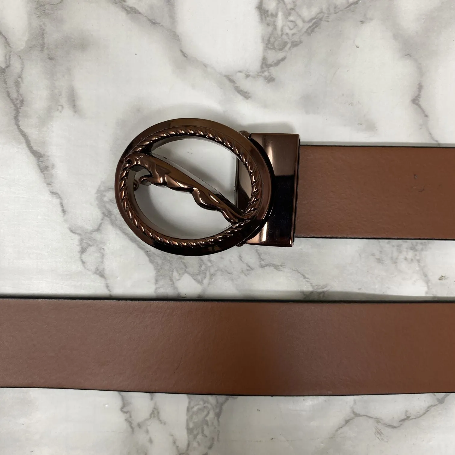 Round Jaguar Metal Buckle With Leather Strap Belt-JonasParamount