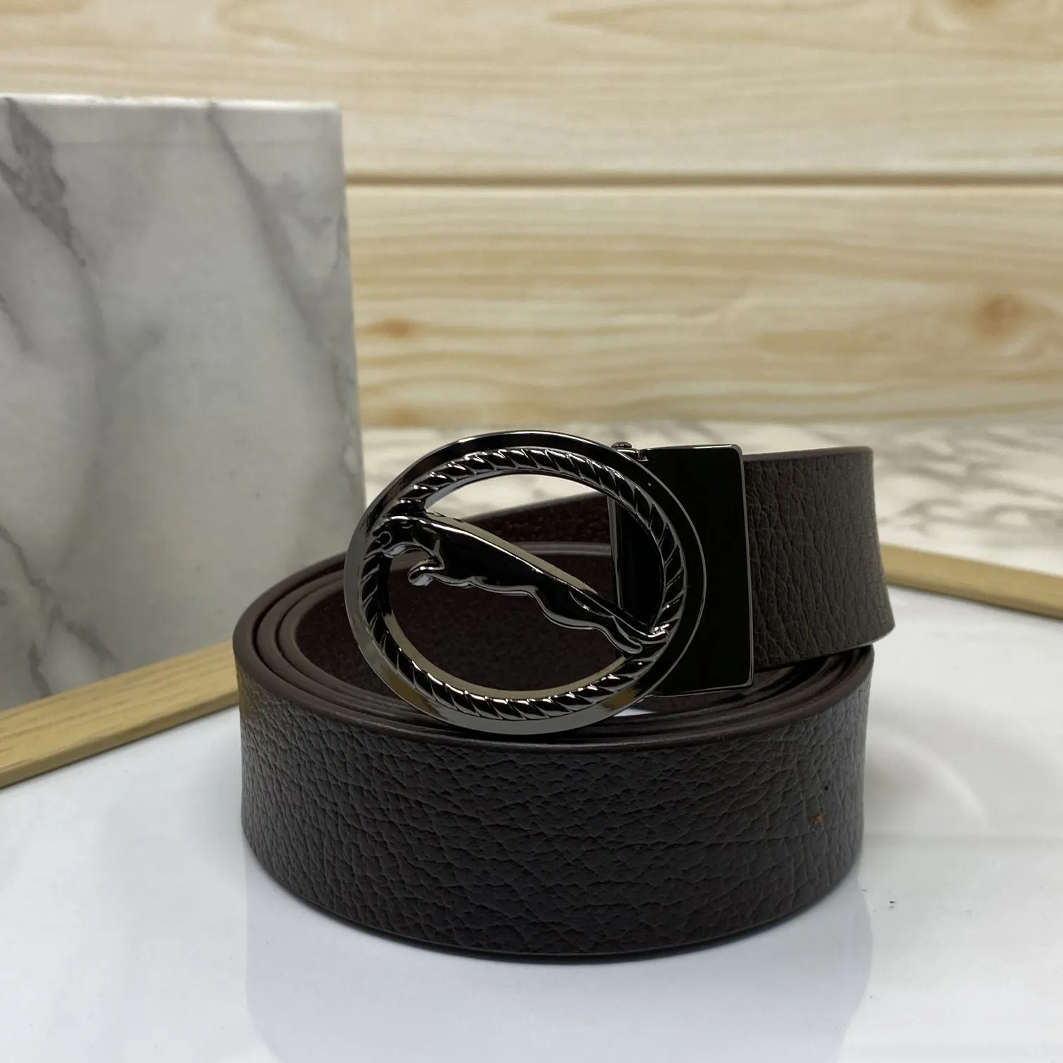 Round Jaguar Metal Buckle With Leather Strap Belt-JonasParamount