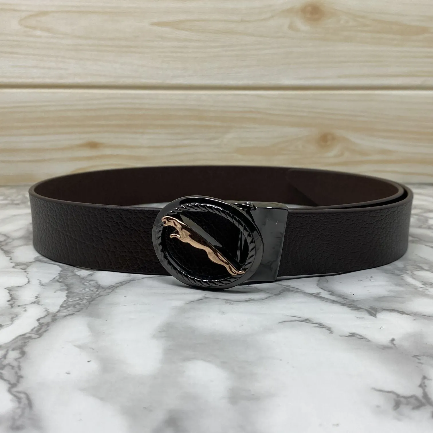 Round Jaguar Metal Buckle With Leather Strap Belt-JonasParamount