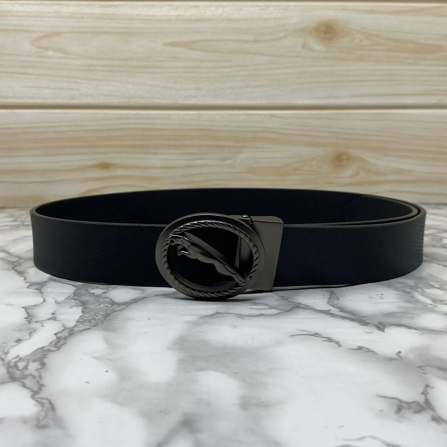 Round Jaguar Metal Buckle With Leather Strap Belt-JonasParamount