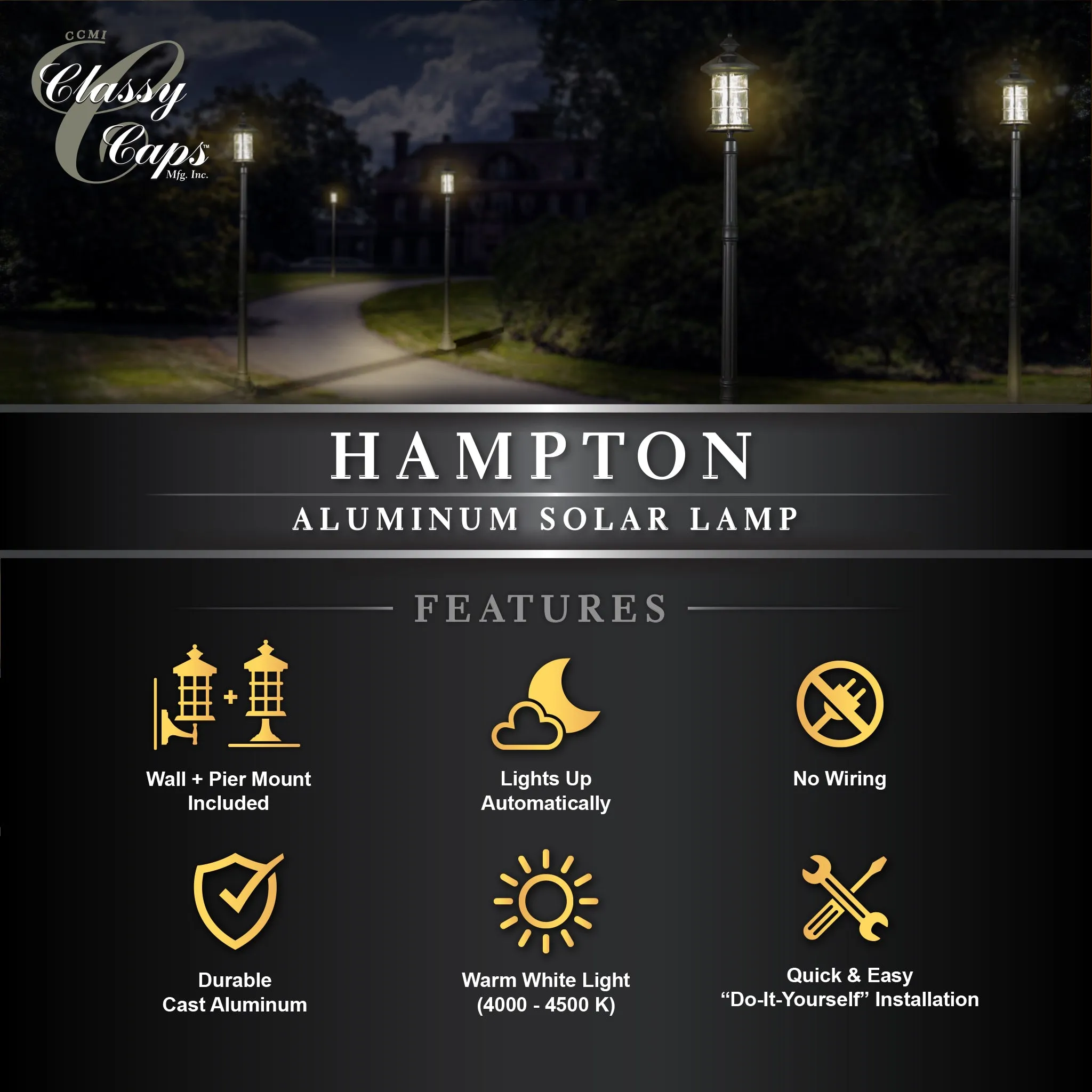 Solar Lamp - Classy Caps Black Aluminum Hampton, SLP227