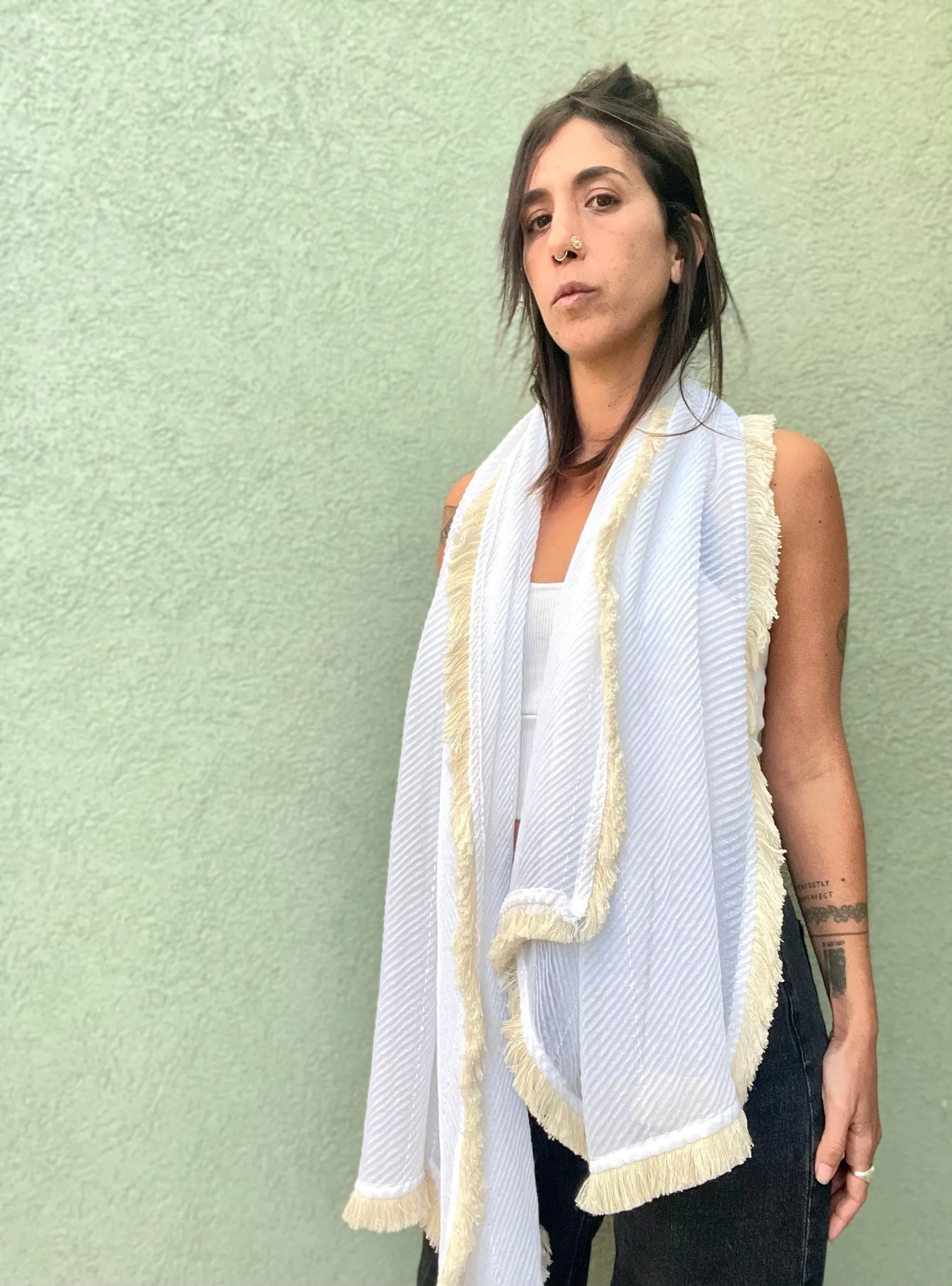 White & Cream Fringe Scarf